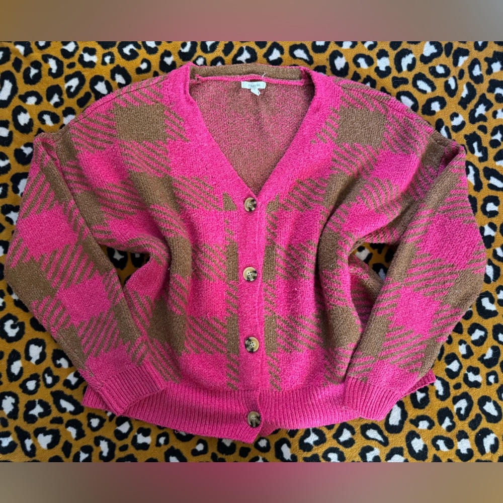 Maurices Vibrant Pink and Brown Checkered Cardigan